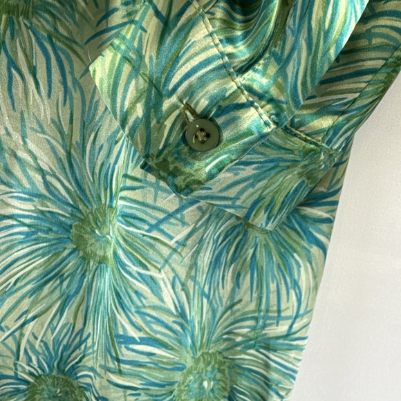 MILLY 100% Silk Shirt Dress Sz 4 Green Abstract Palms 3/4 Sleeves Button Down - Picture 5 of 11